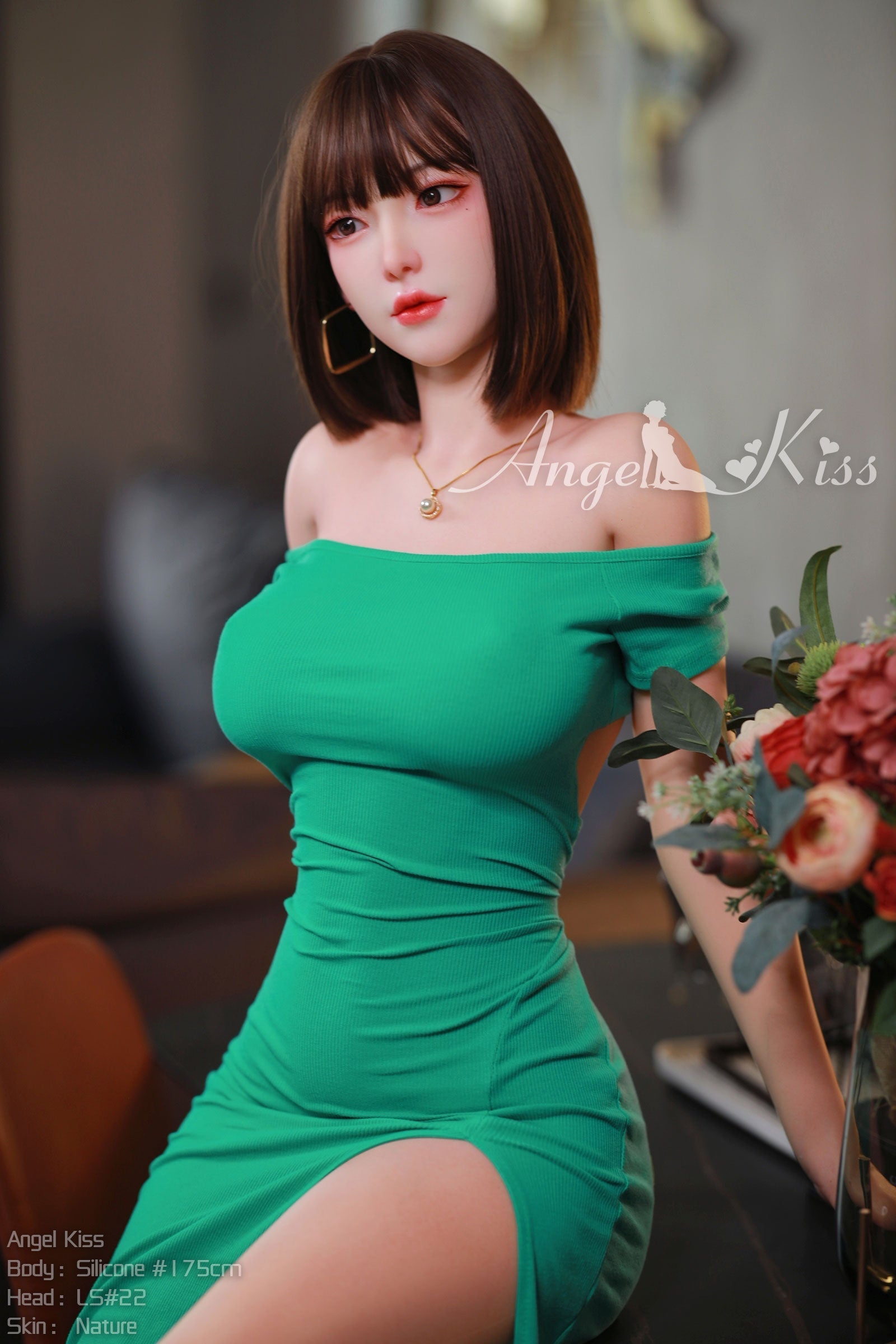 Noelle - S175cm+S#22 wearing green dress short hair woman silicone doll by Anmodolls